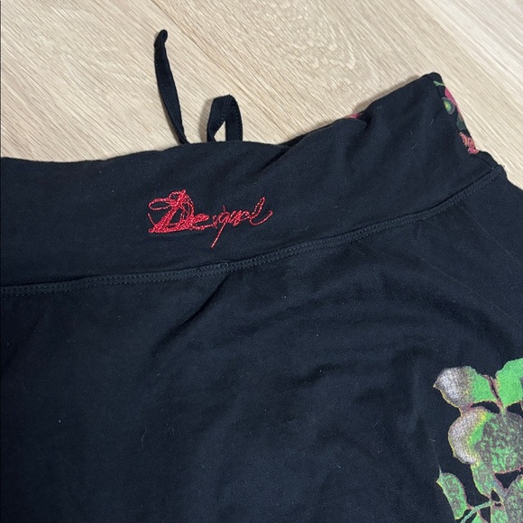 DESIGUAL (M) Balloon Floral Skirt Above Knee Elastic Waist Tie Soft Black - Picture 12 of 13